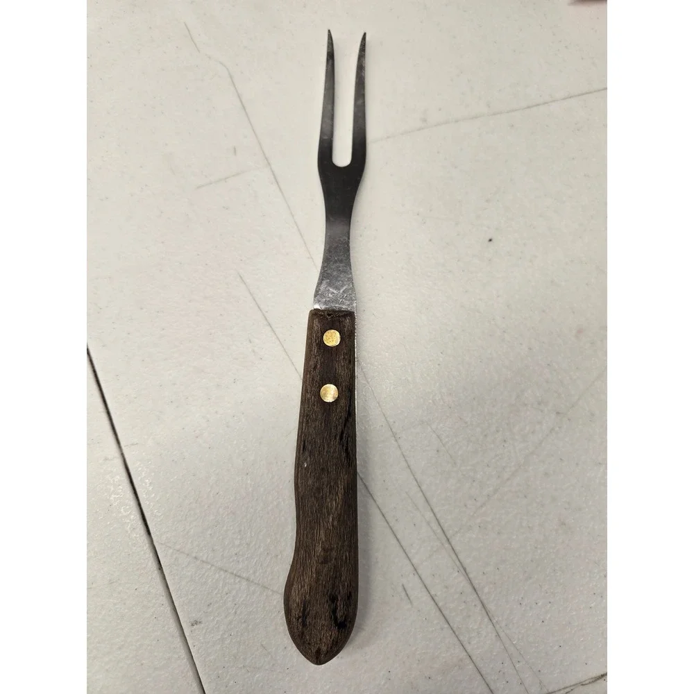 Vintage Stainless USA Meat Carving Fork Wood Handle Brass Rivets‎ 10.25 Inch